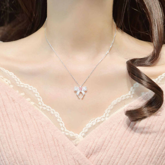 RareLucky Pink Heart Lace Bow S925 Necklace