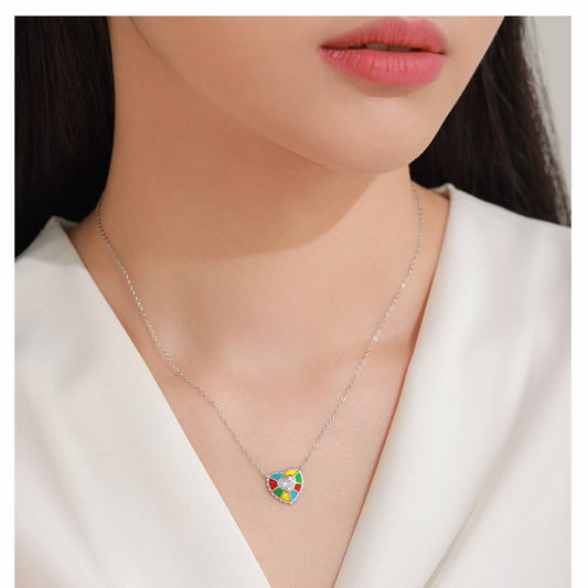 RareLucky Multicolor Enamel Heart S925 Necklace & Stud Earrings Set