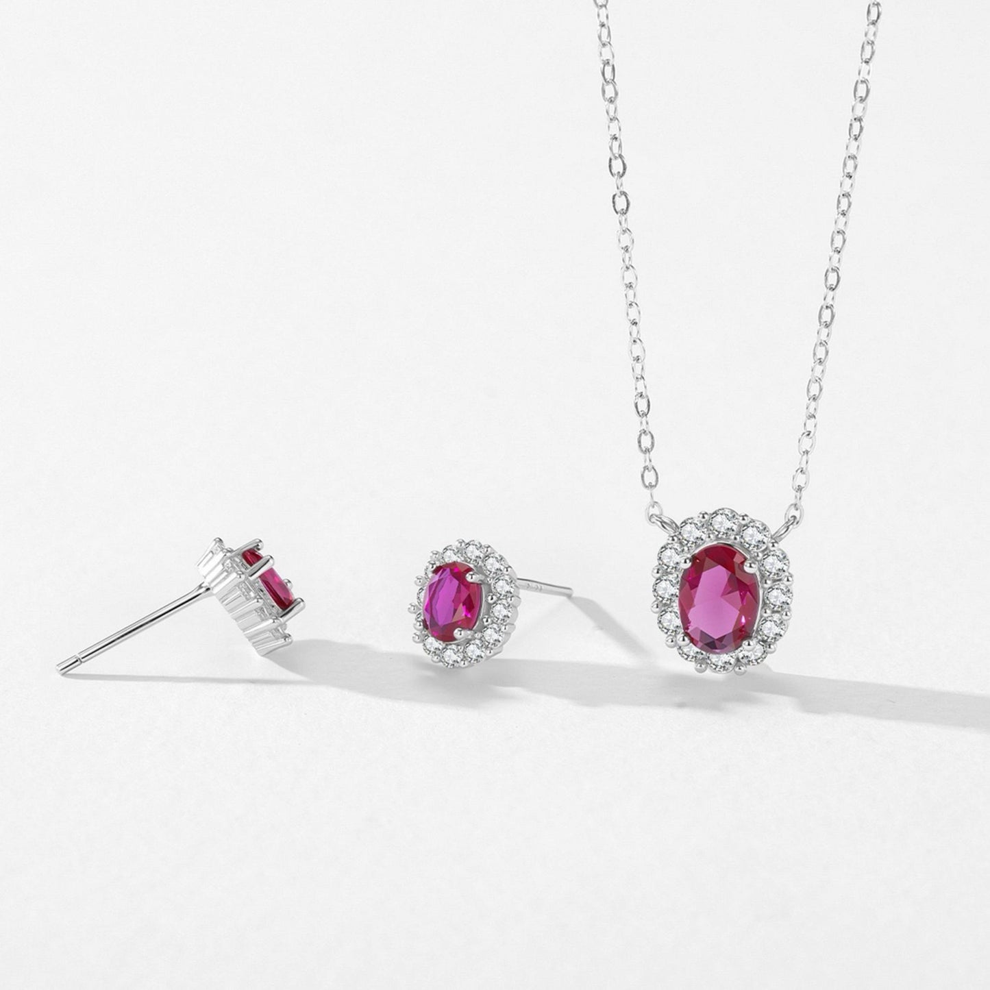 RareLucky Deep Red Oval Halo S925 Necklace & Stud Earrings Set