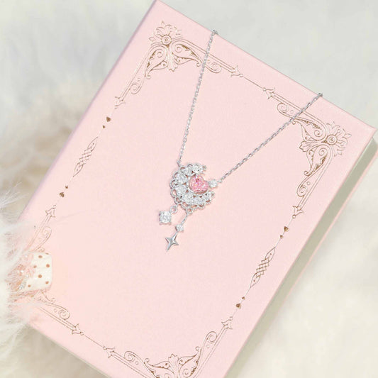 RareLucky Lace Moon Pink Heart & Star S925 Necklace