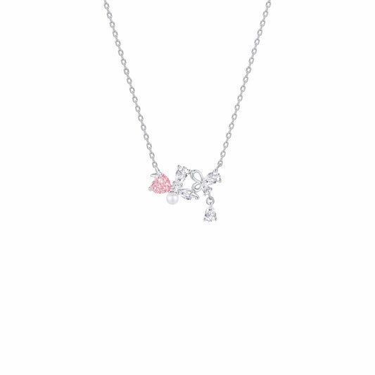 RareLucky Pink Heart Bow & Pearl S925 Necklace