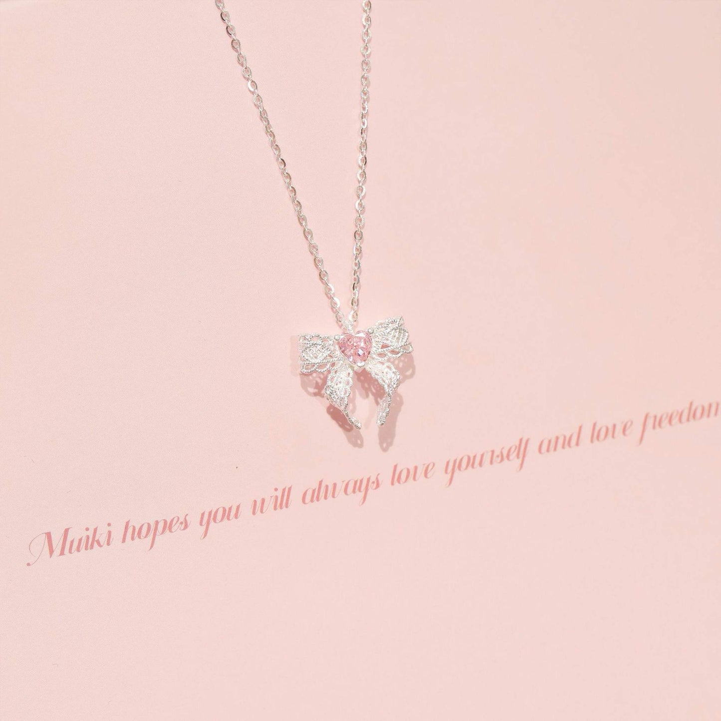 RareLucky Pink Heart Lace Bow S925 Necklace