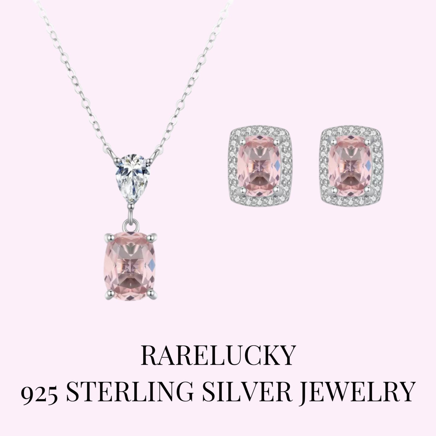 RareLucky Pink Square Glow S925 Necklace & Studs Set