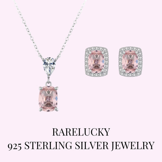 RareLucky Pink Square Glow S925 Necklace & Studs Set