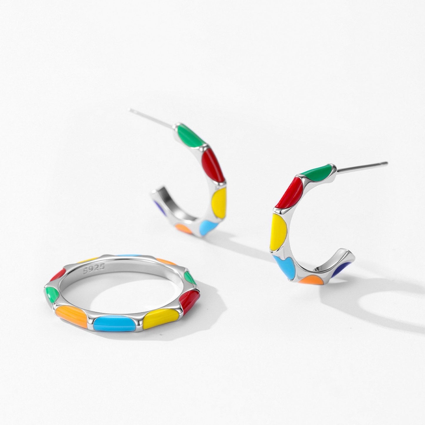 RareLucky Colorblock Enamel S925 Ring & Hoop Earrings Set