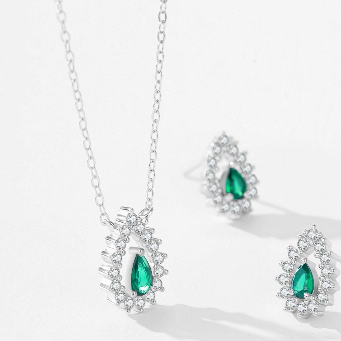 RareLucky Deep Green Teardrop Halo S925 Necklace & Stud Earrings Set