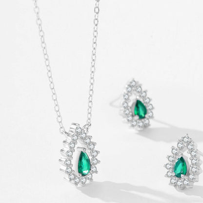 RareLucky Deep Green Teardrop Halo S925 Necklace & Stud Earrings Set