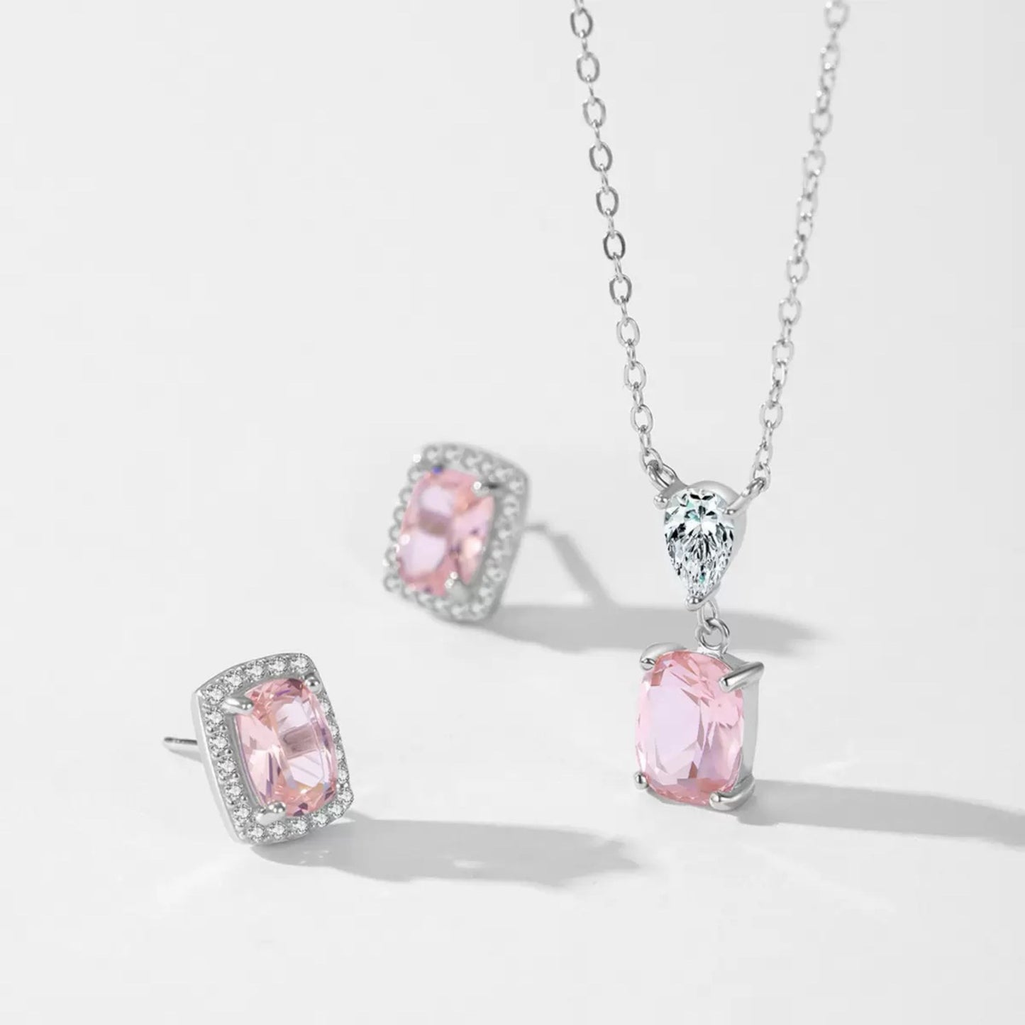 RareLucky Pink Square Glow S925 Necklace & Studs Set