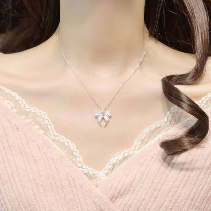 RareLucky Pink Heart Lace Bow S925 Necklace
