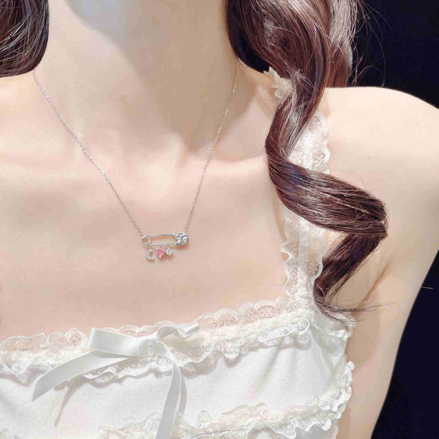 RareLucky Safety Pin Moon Heart S925 Necklace
