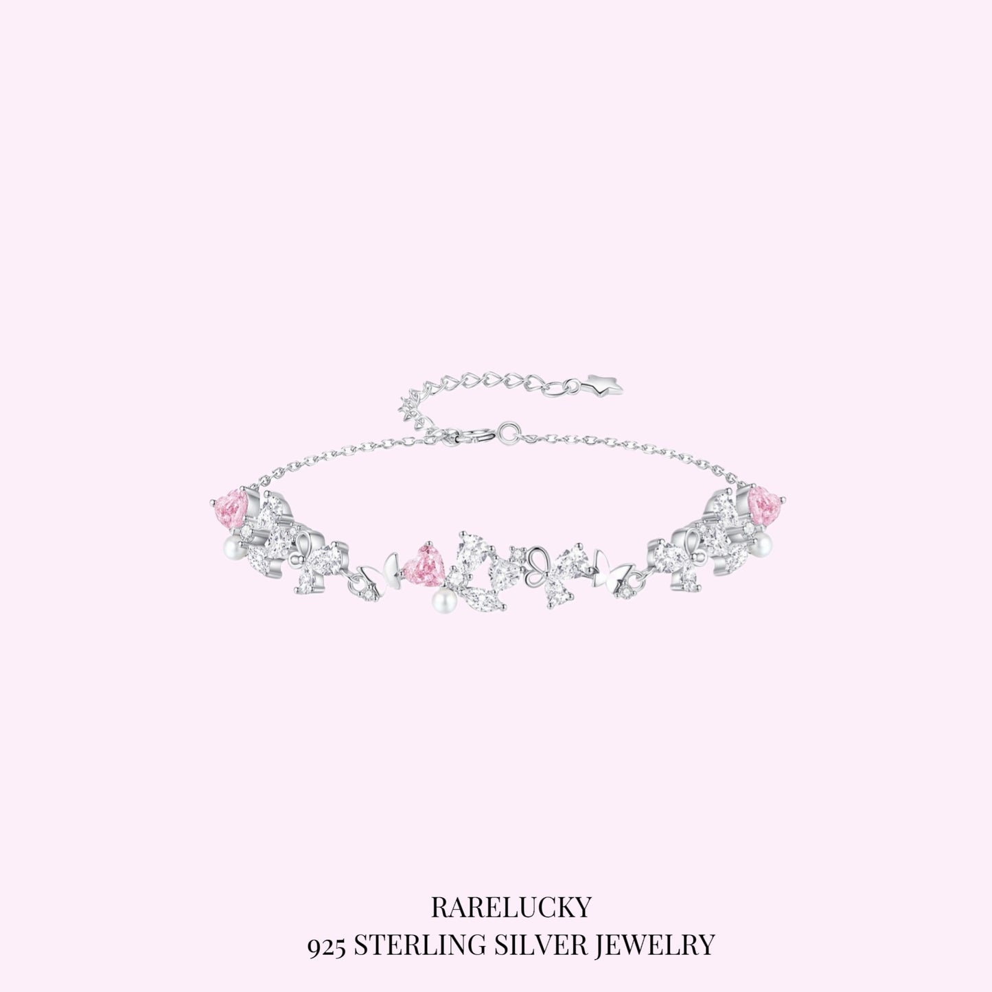 RareLucky Pink Heart Butterfly Garland S925 Bracelet