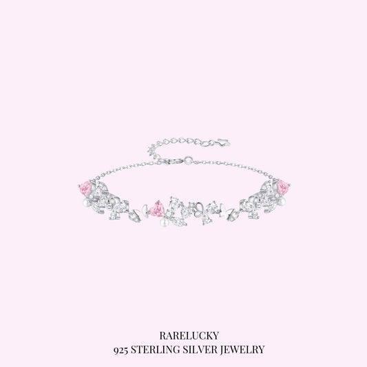 RareLucky Pink Heart Butterfly Garland S925 Bracelet