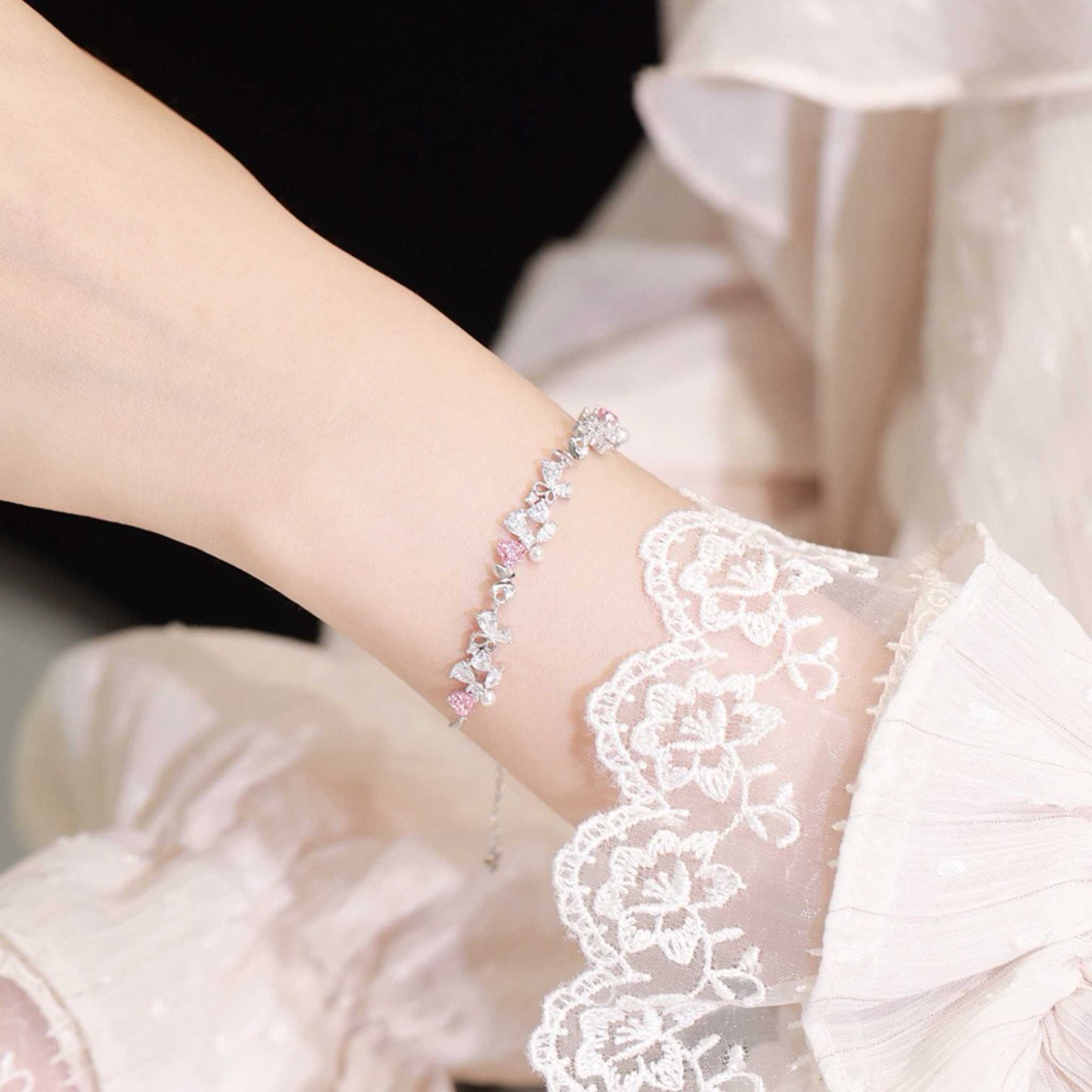 RareLucky Pink Heart Butterfly Garland S925 Bracelet