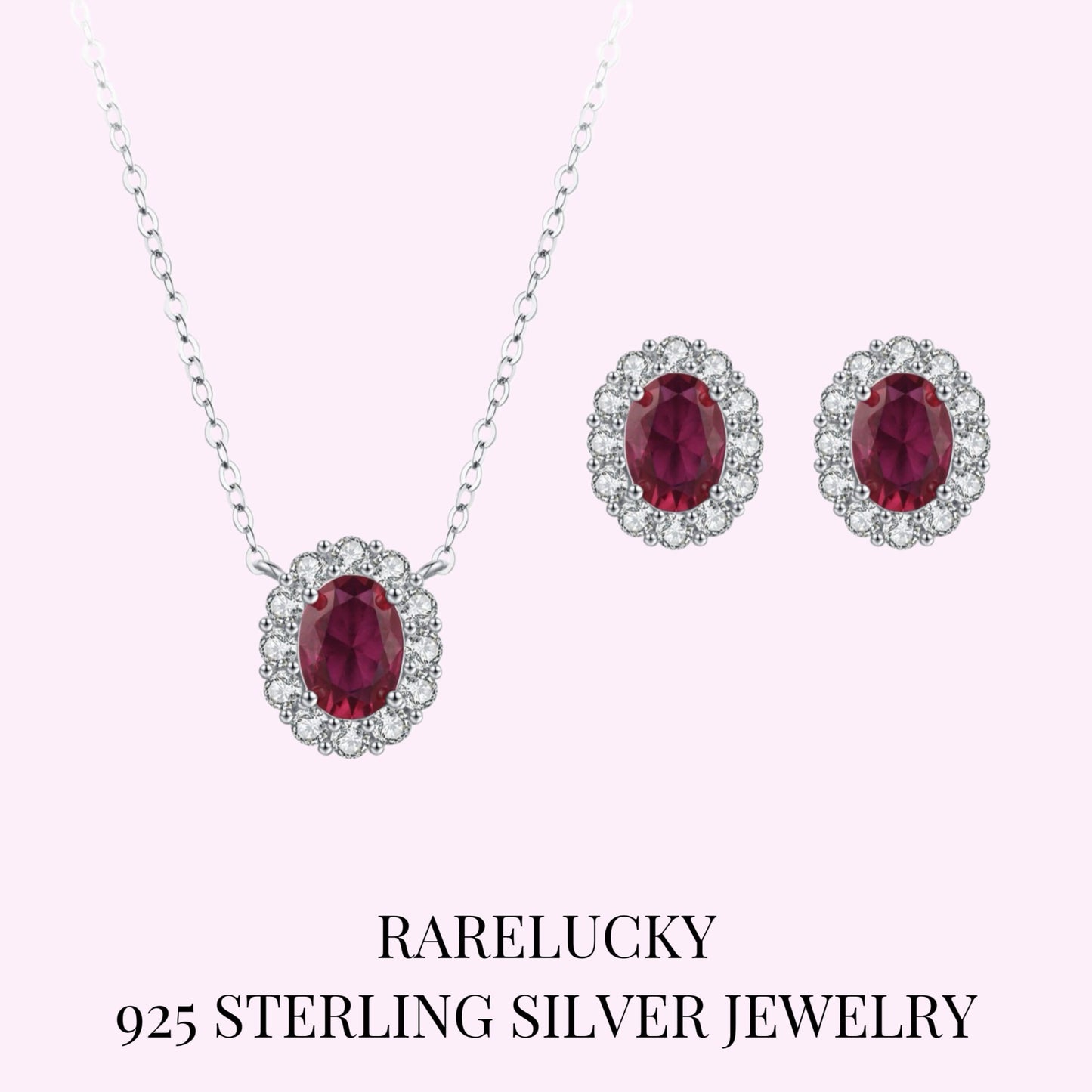 RareLucky Deep Red Oval Halo S925 Necklace & Stud Earrings Set