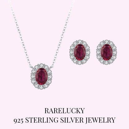 RareLucky Deep Red Oval Halo S925 Necklace & Stud Earrings Set