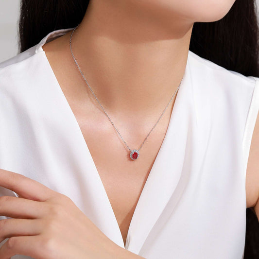RareLucky Deep Red Oval Halo S925 Necklace & Stud Earrings Set