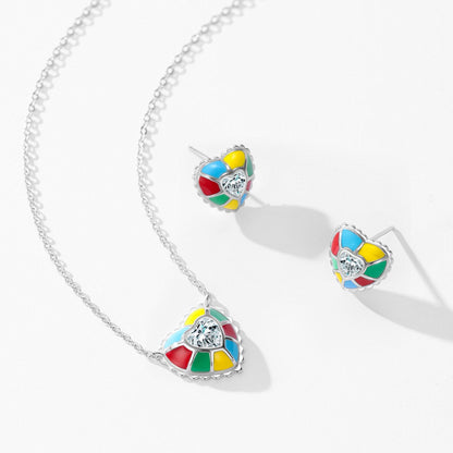 RareLucky Multicolor Enamel Heart S925 Necklace & Stud Earrings Set