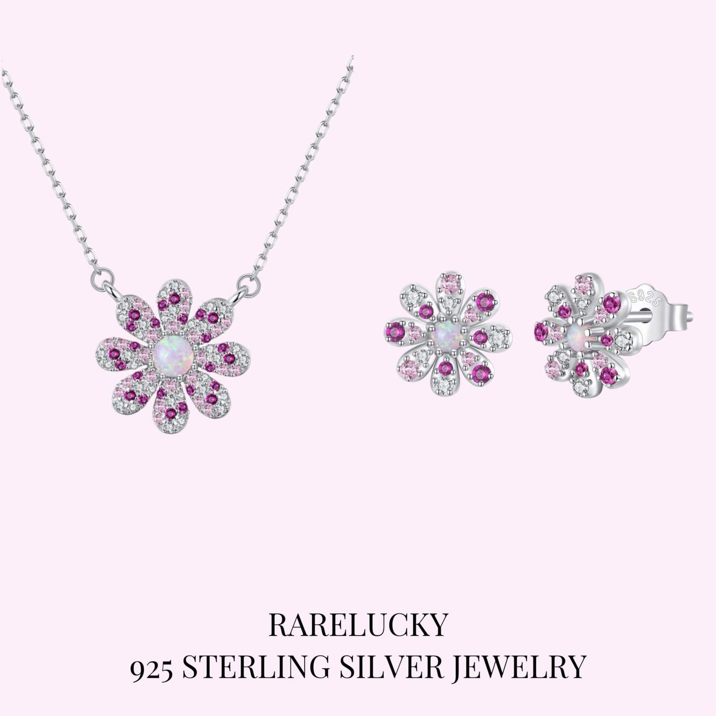 RareLucky Pink Daisy S925 Necklace & Stud Earrings Set
