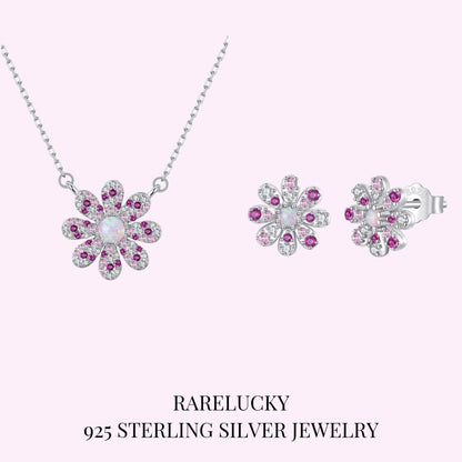 RareLucky Pink Daisy S925 Necklace & Stud Earrings Set