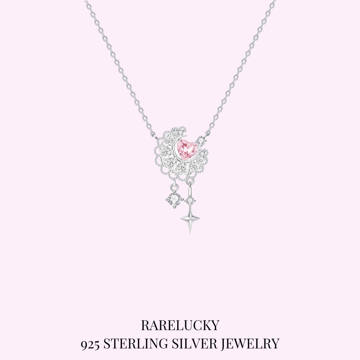 RareLucky Lace Moon Pink Heart & Star S925 Necklace