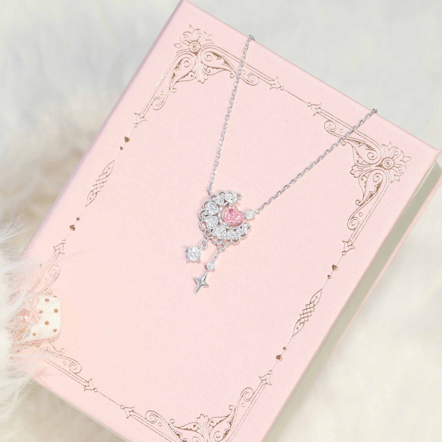RareLucky Lace Moon Pink Heart & Star S925 Necklace