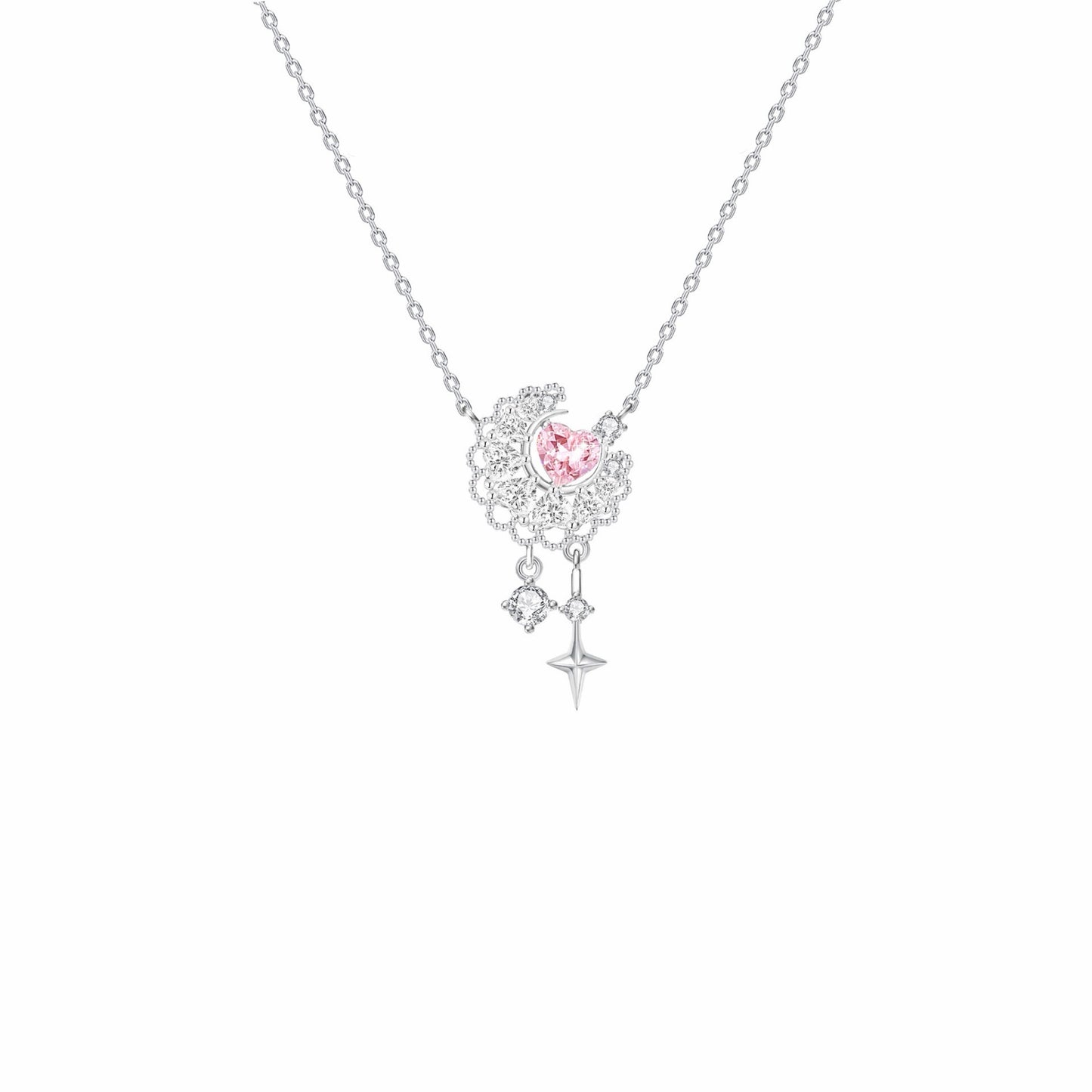 RareLucky Lace Moon Pink Heart & Star S925 Necklace