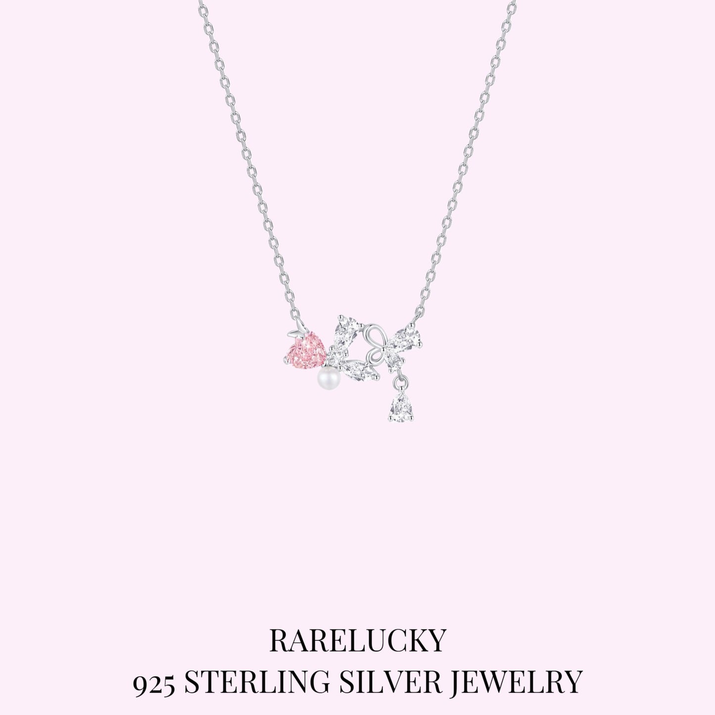 RareLucky Pink Heart Bow & Pearl S925 Necklace