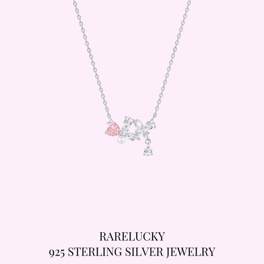 RareLucky Pink Heart Bow & Pearl S925 Necklace