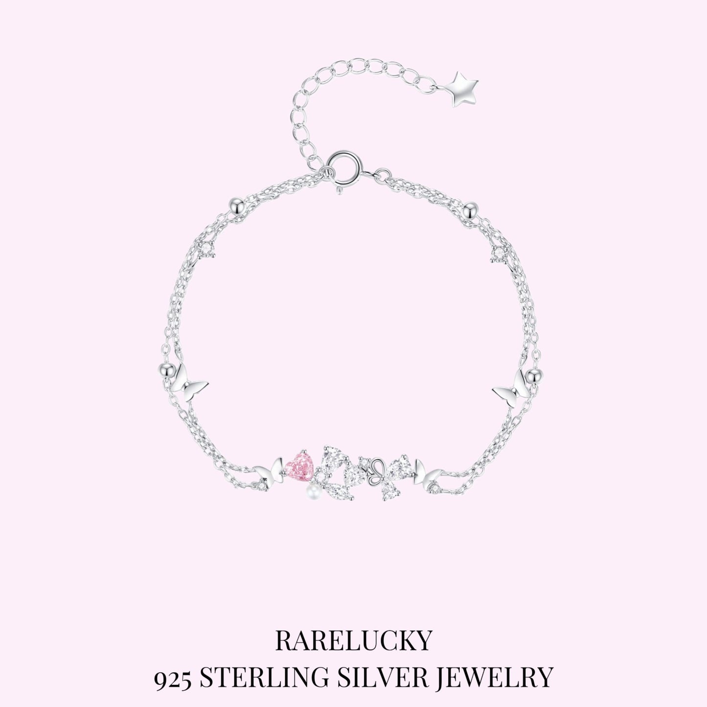 RareLucky Pink Heart Butterfly & Pearl S925 Bracelet