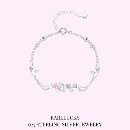 RareLucky Pink Heart Butterfly & Pearl S925 Bracelet