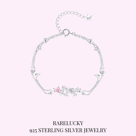 RareLucky Pink Heart Butterfly & Pearl S925 Bracelet