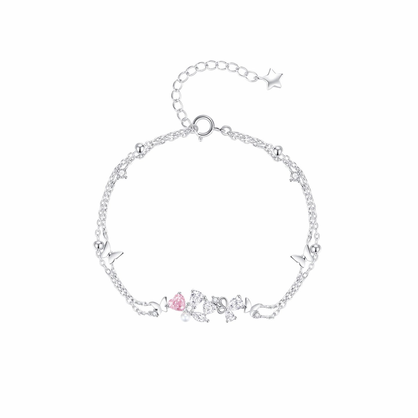 RareLucky Pink Heart Butterfly & Pearl S925 Bracelet