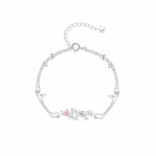 RareLucky Pink Heart Butterfly & Pearl S925 Bracelet
