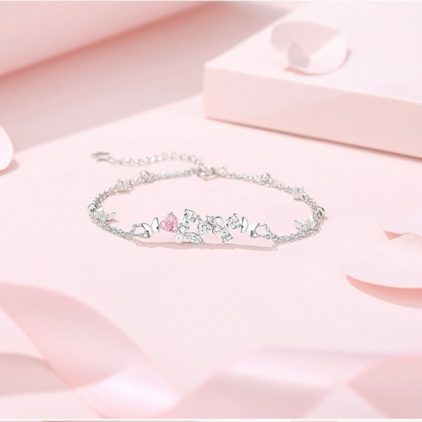 RareLucky Pink Heart Butterfly & Pearl S925 Bracelet