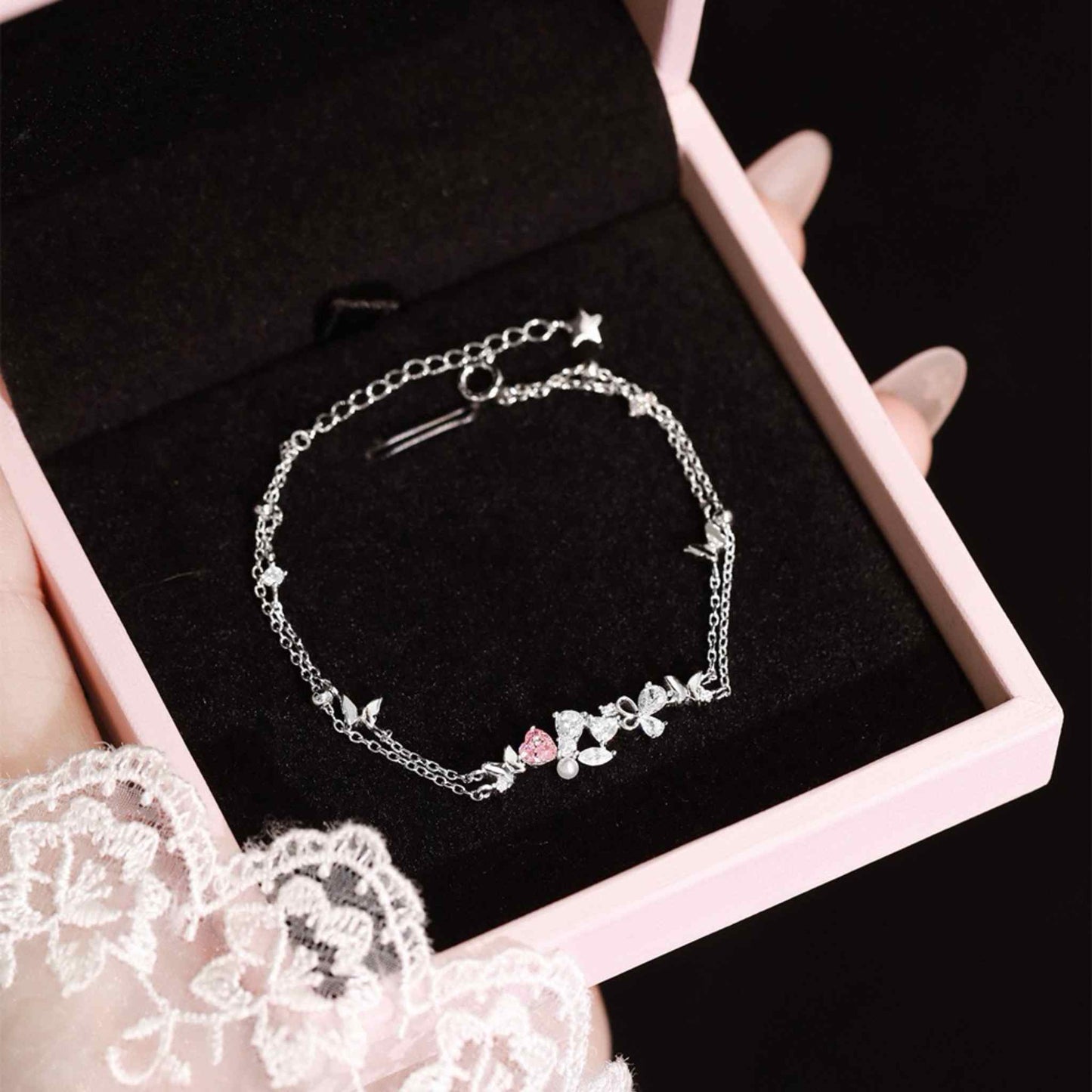 RareLucky Pink Heart Butterfly & Pearl S925 Bracelet