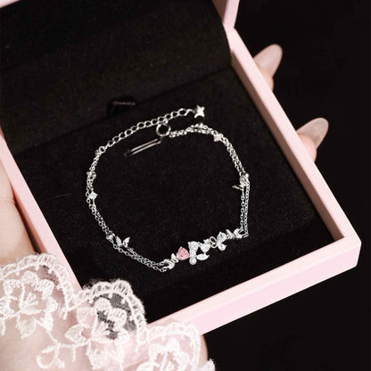 RareLucky Pink Heart Butterfly & Pearl S925 Bracelet