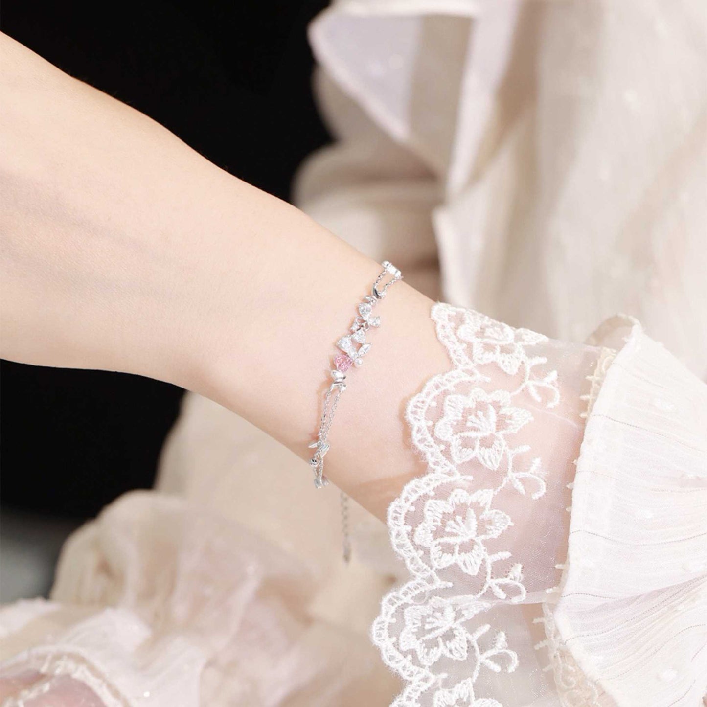 RareLucky Pink Heart Butterfly & Pearl S925 Bracelet