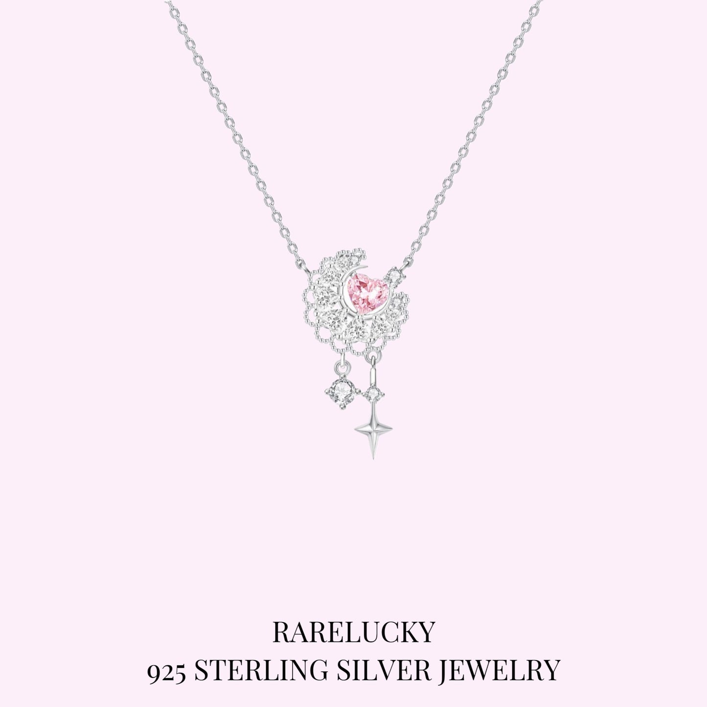RareLucky Pink Heart Moon & Star S925 Necklace