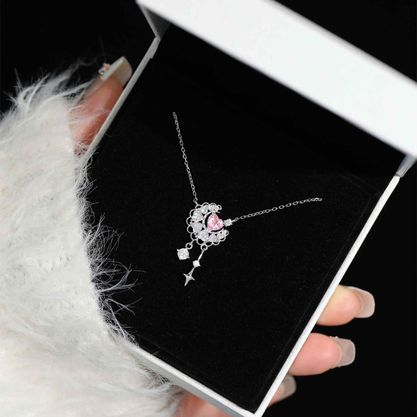 RareLucky Pink Heart Moon & Star S925 Necklace