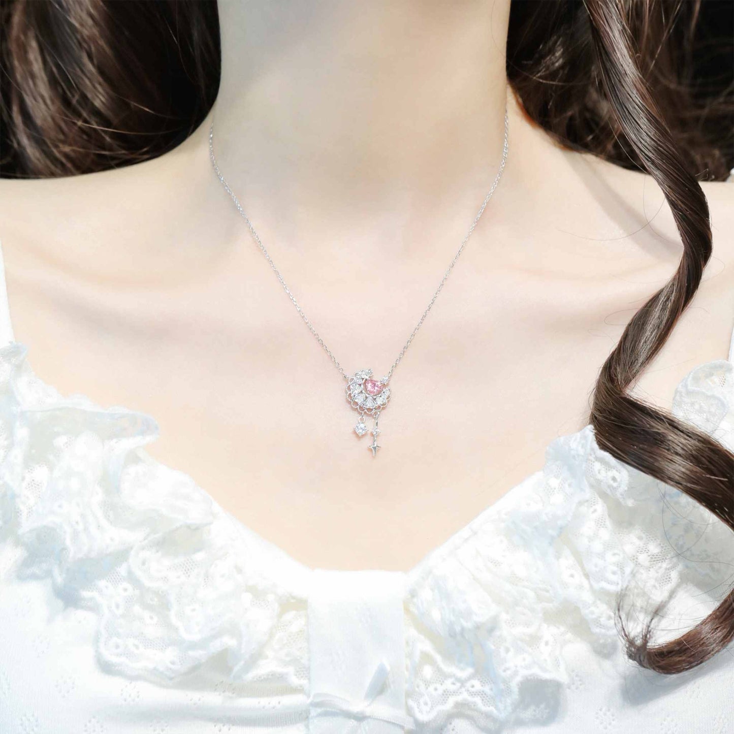 RareLucky Pink Heart Moon & Star S925 Necklace