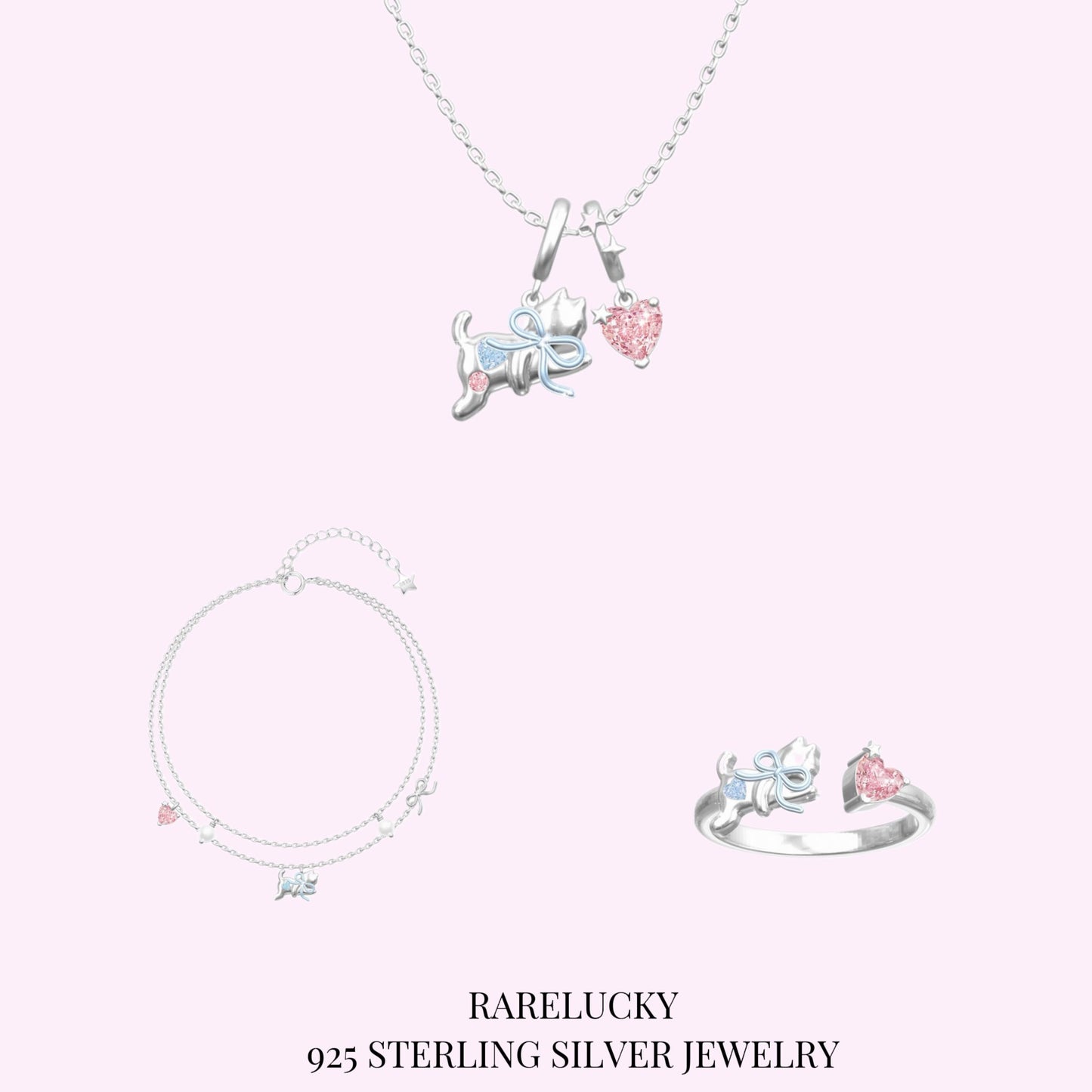 RareLucky Kitten Bow & Pink Heart S925 Jewelry Set
