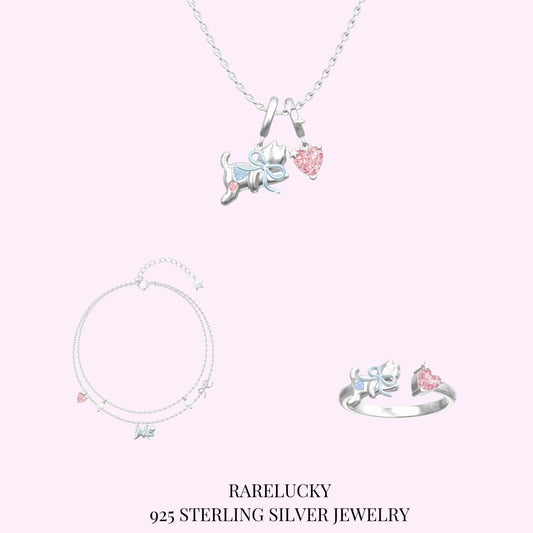 RareLucky Kitten Bow & Pink Heart S925 Jewelry Set