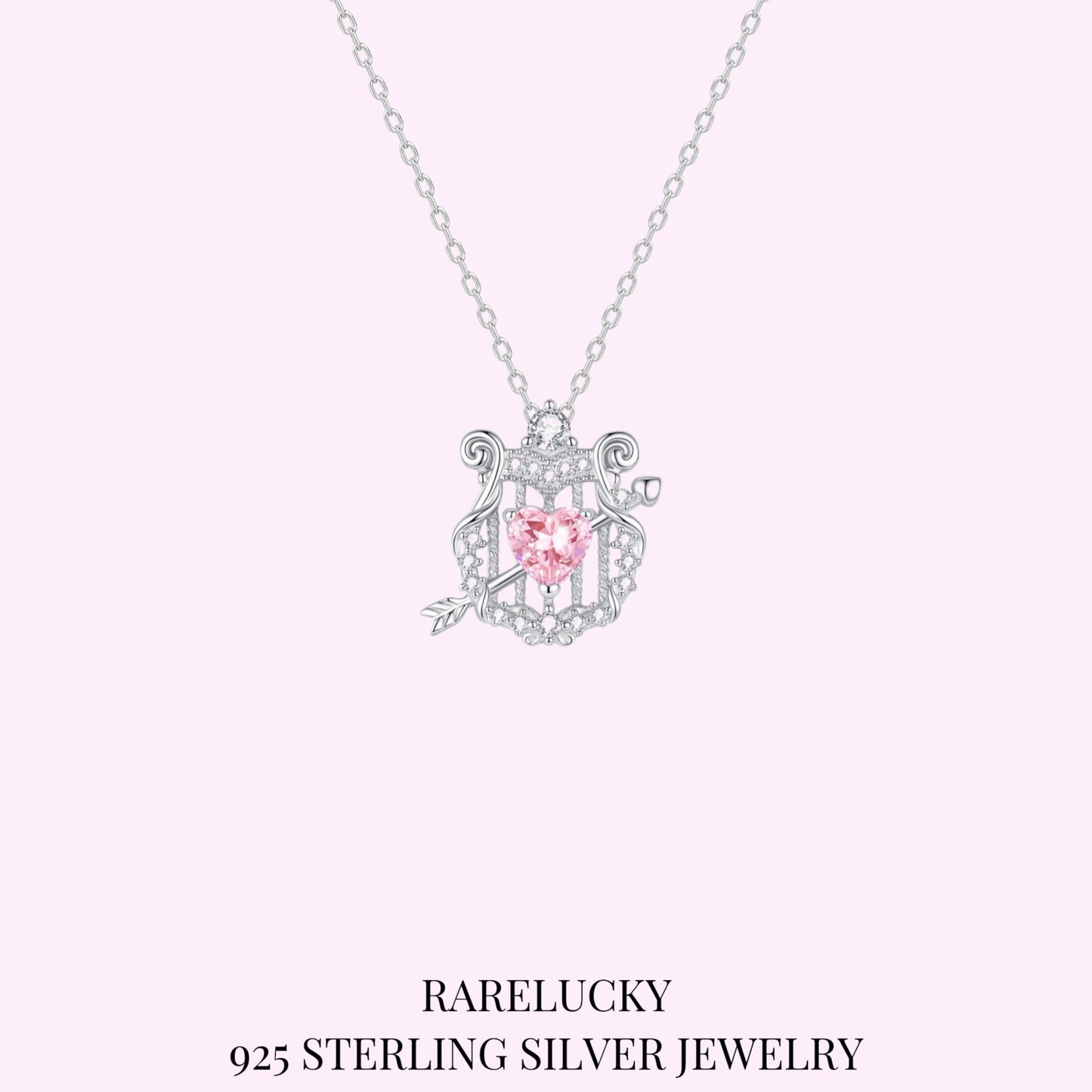 RareLucky Cupid Harp & Pink Heart S925 Necklace