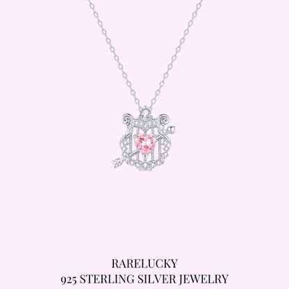 RareLucky Cupid Harp & Pink Heart S925 Necklace