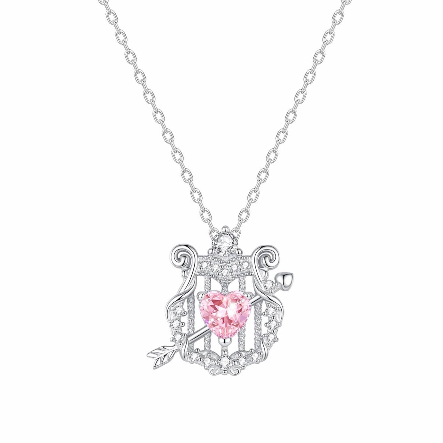 RareLucky Cupid Harp & Pink Heart S925 Necklace