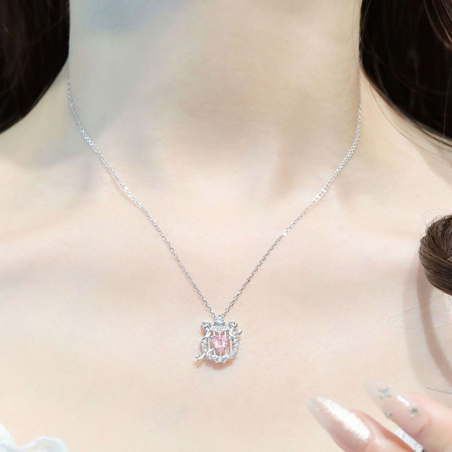 RareLucky Cupid Harp & Pink Heart S925 Necklace