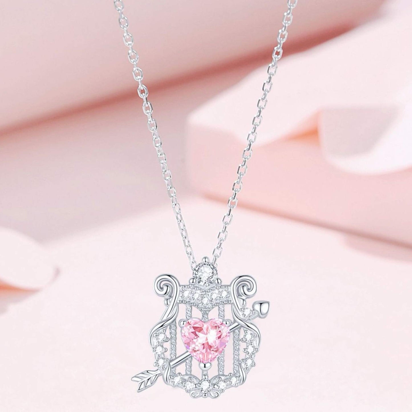 RareLucky Cupid Harp & Pink Heart S925 Necklace