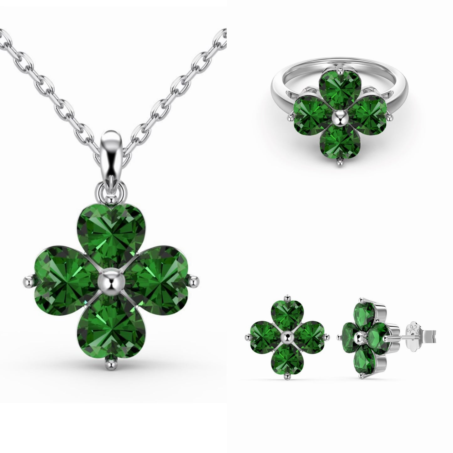 RareLucky Heartwish Clover S925 Sterling Silver Jewelry Set