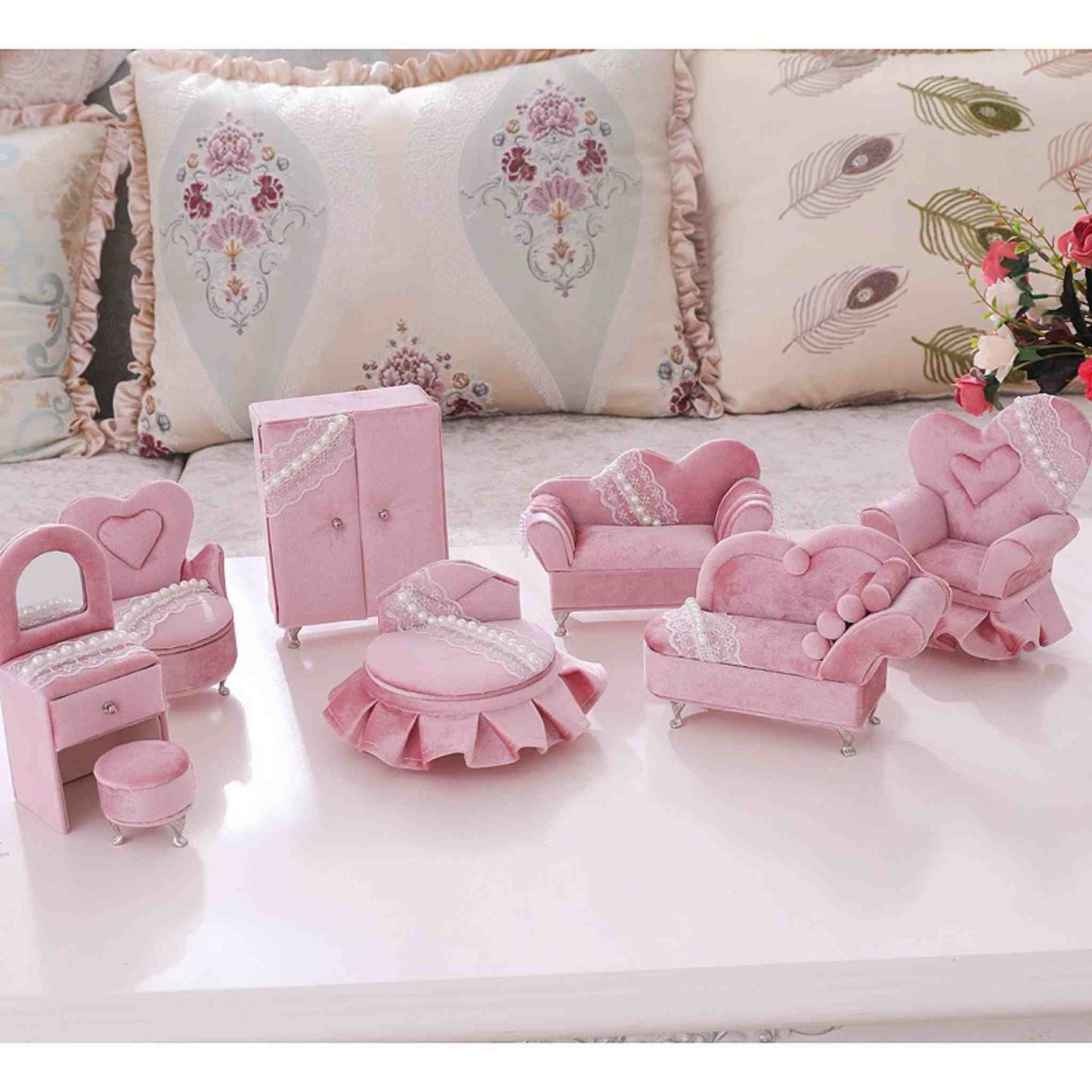 RareLucky Pink Velvet Furniture Jewelry Boxes – 7 Styles & Full Set