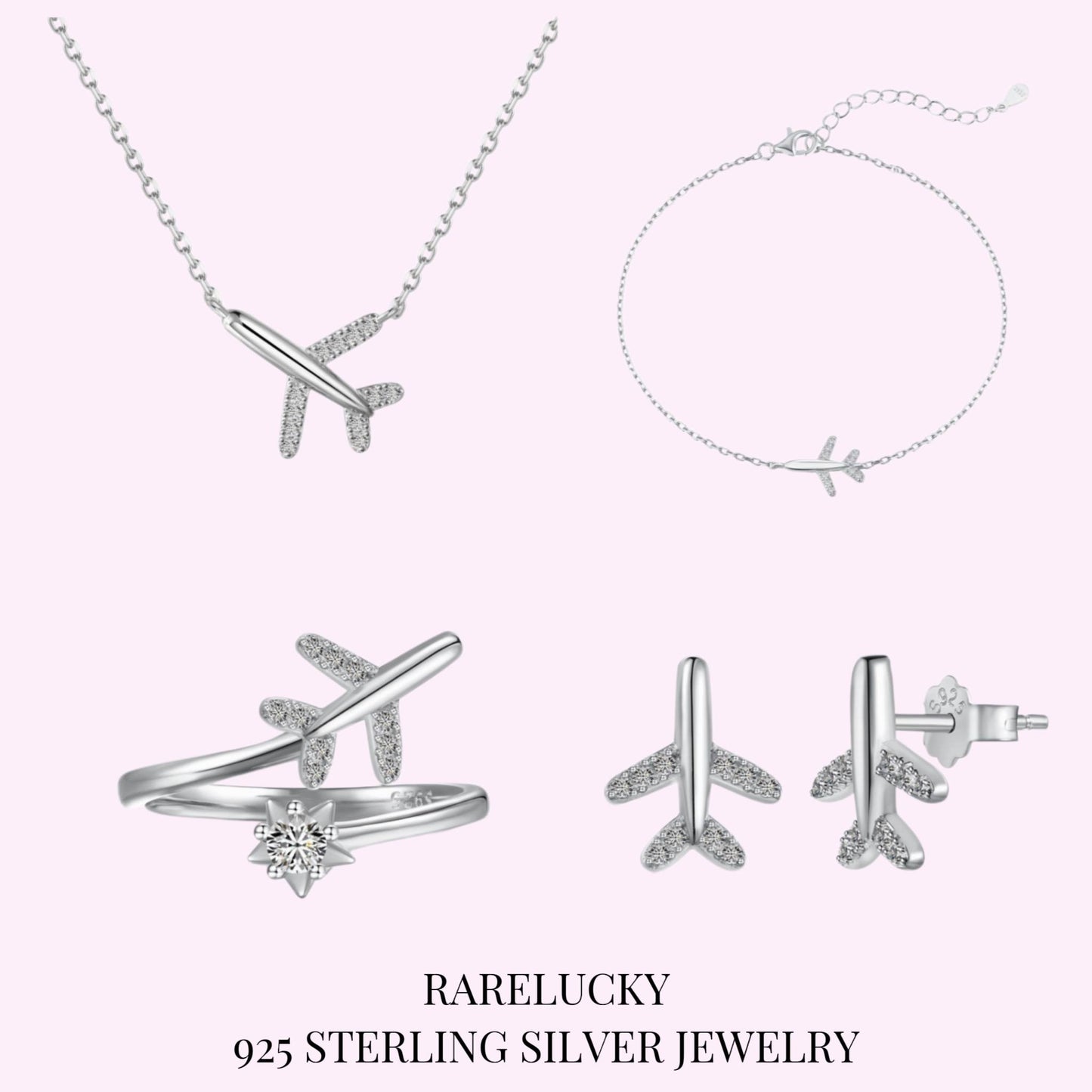 RareLucky Airplane Travel S925 Sterling Silver Jewelry Set